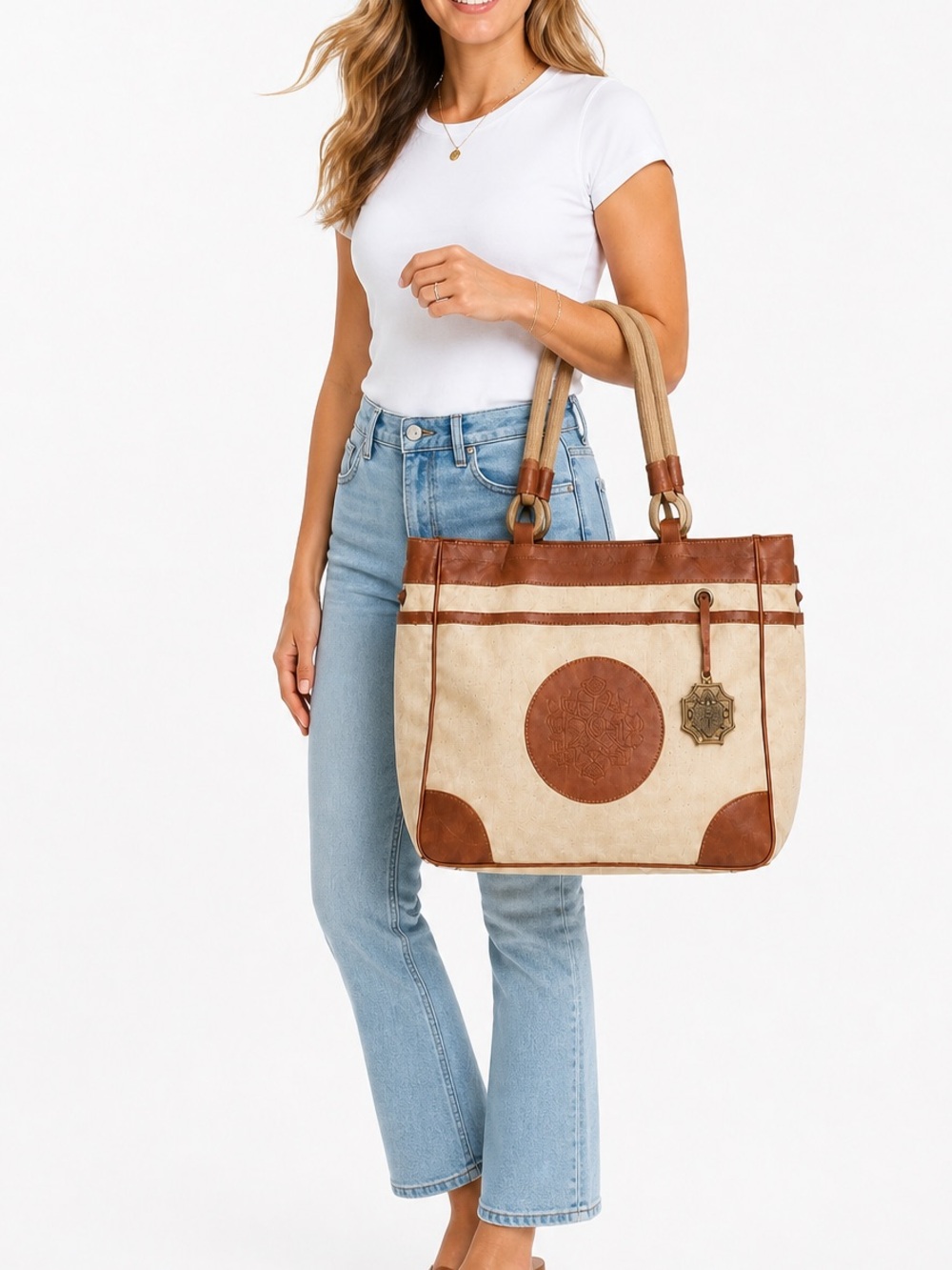 Kate Landry Canvas & Leather Tote Bag Large Boho Chic Rope Handle Jute